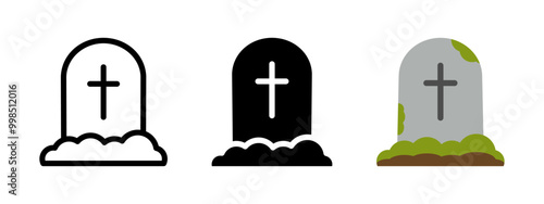 Grave tombstone with cross icon. Gravestone memorial illustration. Cemetery symbol. Dead pictogram. Halloween tomb sign. Burial headstone monument icon. Death concept. Spooky coffin crypt.