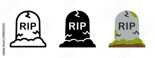 Grave icon. Gravestone RIP inscription illustration. Cemetery stone memorial symbol. Dead pictogram. Halloween tomb shrine sign. Burial headstone monument icon. Death concept. Spooky crypt.