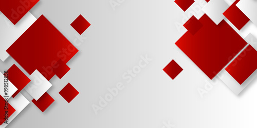 abstract red white square background with geometric shapes design for wide banner. Red and grey tech abstract background with arrows. Suit for business, corporate, institution, party, festive, seminar
