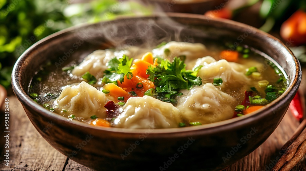 A steaming bowl of dumpling soup filled with colorful vegetables and garnished with fresh herbs. A steaming bowl of dumpling soup filled with colorful vegetables and garnished with fresh herbs.