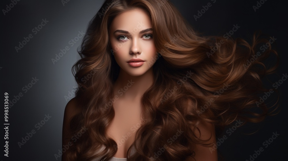 Fototapeta premium Vogue style close up portrait of beautiful woman with long curly blond hair on black background. Neural network ai generated art