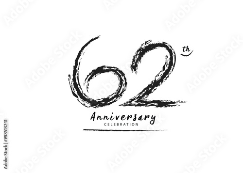 62 Years Anniversary Celebration logo black paintbrush vector, 62 number logo design, 62th Birthday Logo, happy Anniversary, Vector Anniversary For Celebration, poster, Invitation Card