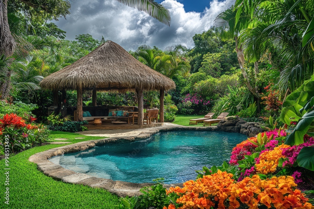 A tropical oasis with a swimming pool, thatched roof gazebo, and lush greenery. A tropical oasis with a swimming pool, thatched roof gazebo, and lush greenery.