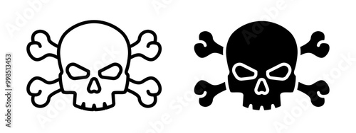 Skull with crossed bones icon. Pirate skeleton logo. Danger symbol. Skull with bones vector illustration. Crossbones sign. Death pictogram. Dead concept.