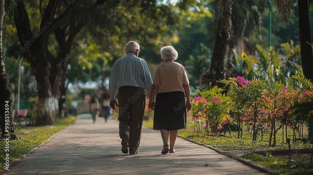 Obraz premium An old man and woman walking happily together in a park