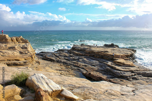 Rock formations at Senjojiki coast with ocean view under blue sky
