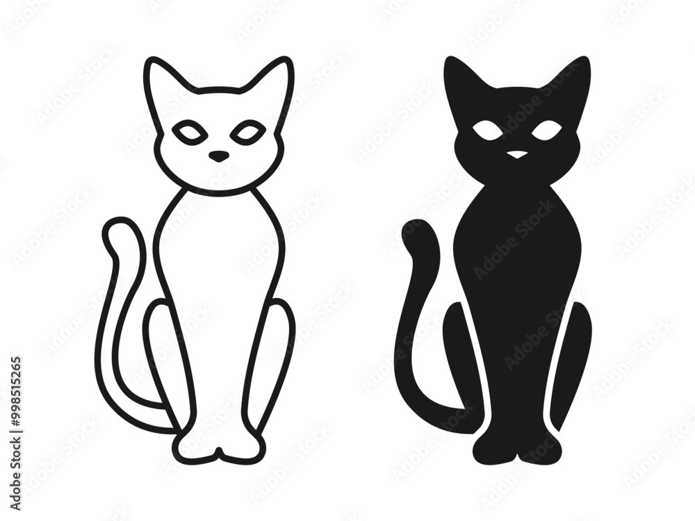 Sitting cat icon. Elegant cat logo. Witchcraft black kitten with tail vector illustration. Black and white kitty silhouette. Animal mammal pet symbol. Graphic design cat logotype. Sitting cat icon. Elegant cat logo. Witchcraft black kitten with tail vector illustration. Black and white kitty silhouette. Animal mammal pet symbol. Graphic design cat logotype.