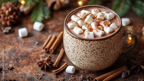 Delicious hot chocolate with marshmallows and cinnamon. A mug of hot cocoa with marshmallows on a dark winter background. Hot winter drink. Menu, recipe. Copy space. Cozy warming atmosphere