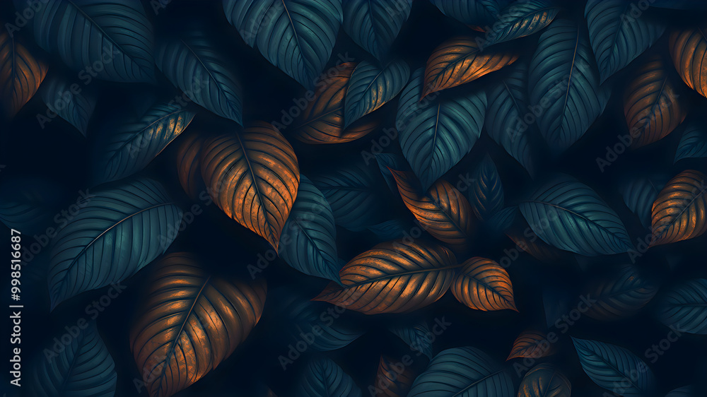 abstract background with blue and orange leaves, dark tone abstract background with blue and orange leaves, dark tone