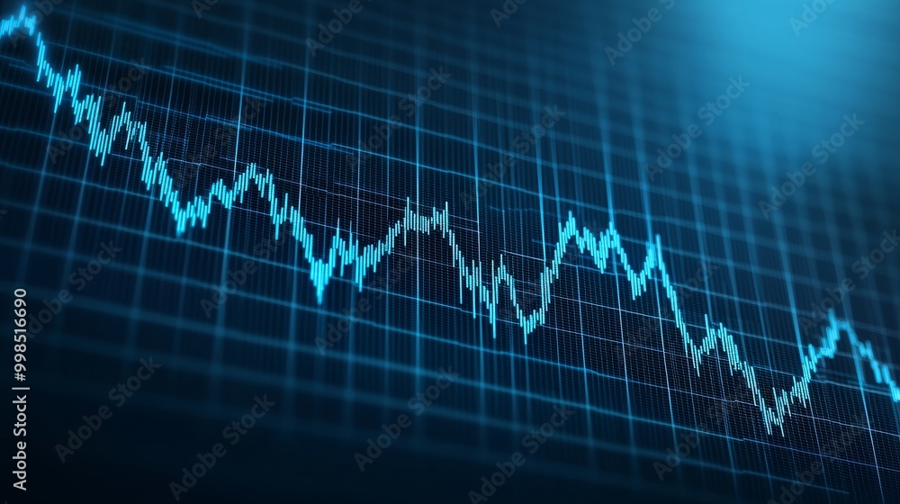 A digital stock market graph showcasing a downward trend with blue lines over a grid background. A digital stock market graph showcasing a downward trend with blue lines over a grid background.