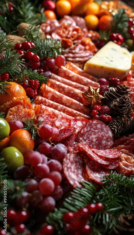 Beautifully Arranged Christmas Charcuterie Board with Meats, Cheeses, Fruits, and Holiday Garnishes Beautifully Arranged Christmas Charcuterie Board with Meats, Cheeses, Fruits, and Holiday Garnishes