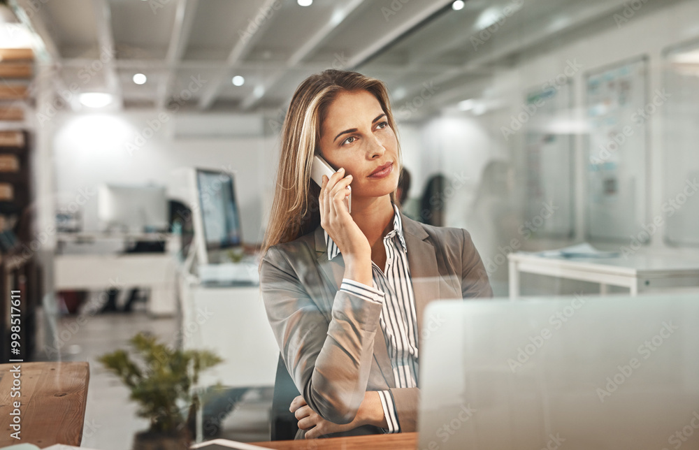 Businesswoman, laptop or phone call in office for thinking of planning, appointment or speaking. Idea, discussion or female manager talking on mobile conversation for project schedule at workplace Businesswoman, laptop or phone call in office for thinking of planning, appointment or speaking. Idea, discussion or female manager talking on mobile conversation for project schedule at workplace