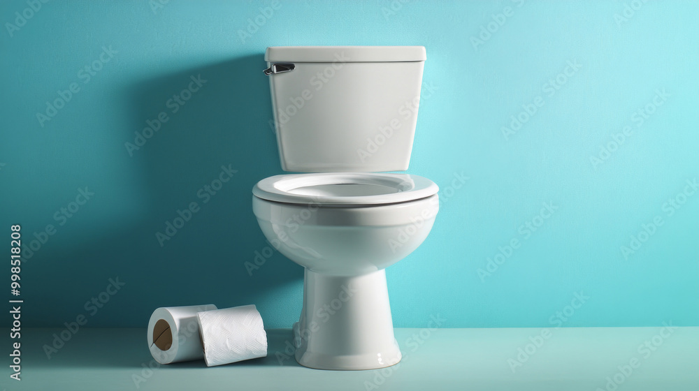 Toilet bowl with toilet paper roll on minimalist color background Toilet bowl with toilet paper roll on minimalist color background