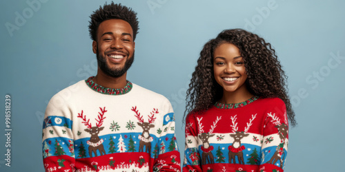 Smiling african american couple wearing Ugly christmas sweaters with reindeer design