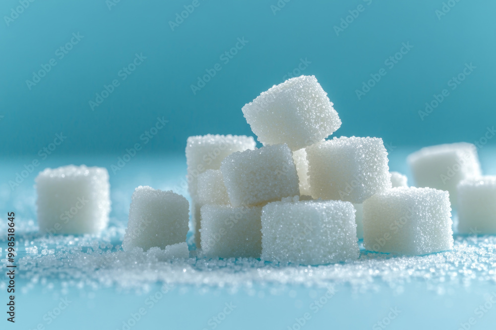 Sugar cubes stacked on turquoise background Sugar cubes stacked on turquoise background