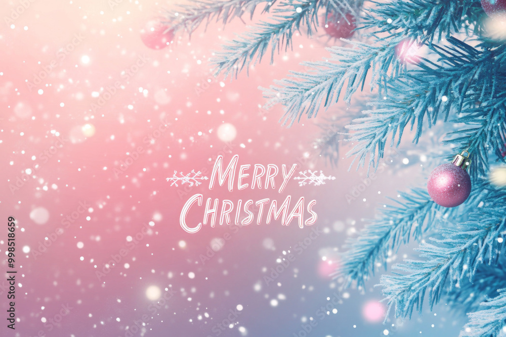 Merry Christmas text with snowflakes on Christmas tree branches background
