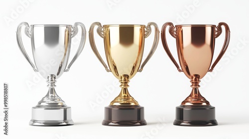 Blank champion cups with gold, silver, and bronze trim isolated on a white background This design template represents championship trophies for sports tournaments photo