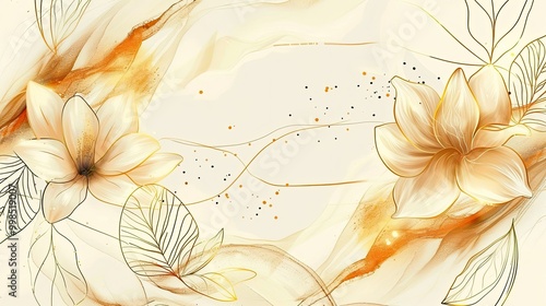 Luxury minimal style wallpaper with golden line art flower and botanical leaves, Organic shapes, Watercolor