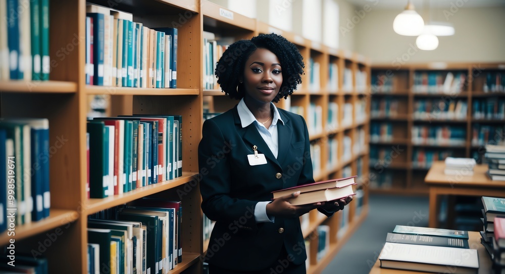 Calm young Black librarian in a library organizing books Calm young Black librarian in a library organizing books