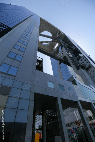 Low angle view of modern Umeda Sky Building architecture in Osaka