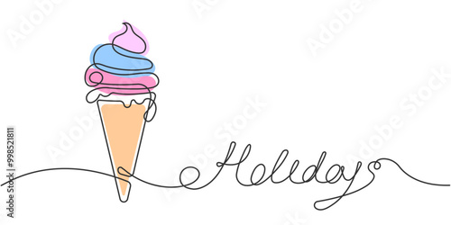 Happy holidays lettering .Ice cream one line drawing. Confectionery. Vector illustration.