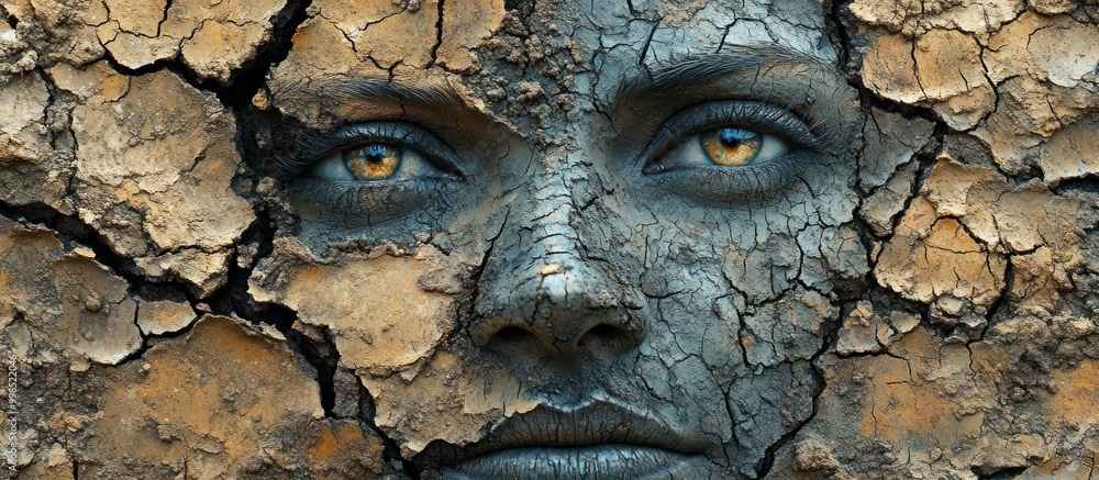 Woman's face merging with cracked earth, symbolizing environmental impact and drought. Woman's face merging with cracked earth, symbolizing environmental impact and drought.