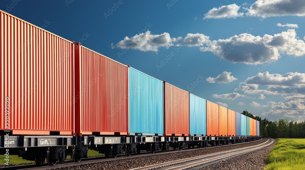 Colorful freight containers line a railway track under a clear blue sky, showcasing the logistics and transport industry. Colorful freight containers line a railway track under a clear blue sky, showcasing the logistics and transport industry.