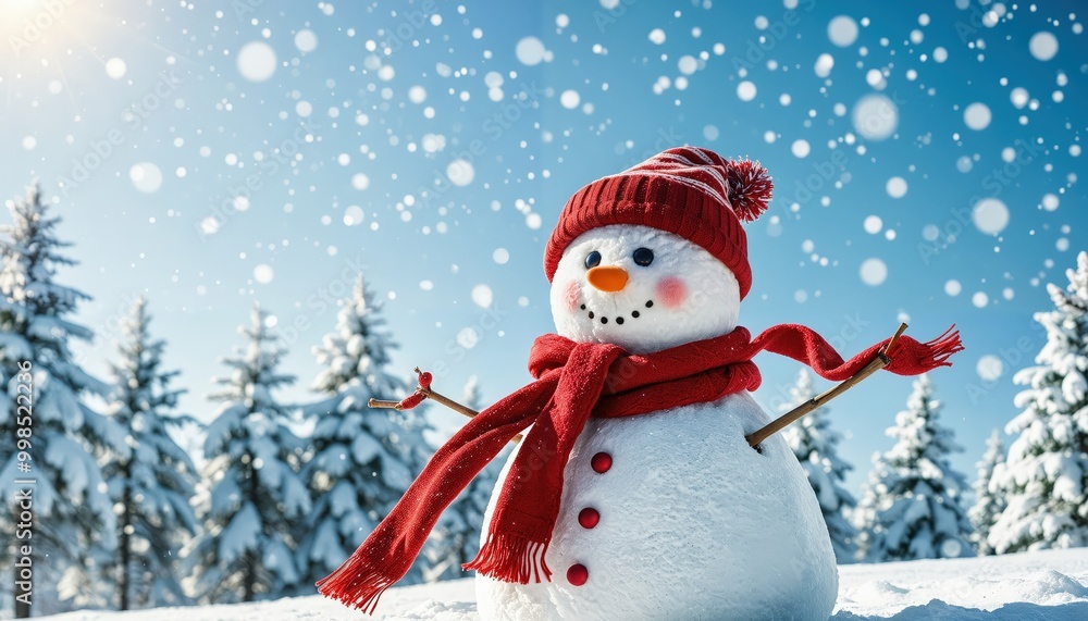A snowman in a red hat and scarf stands in a snowy landscape, holding a stick and surrounded by snow-covered trees and a clear blue sky, creating a serene winter scene A snowman in a red hat and scarf stands in a snowy landscape, holding a stick and surrounded by snow-covered trees and a clear blue sky, creating a serene winter scene