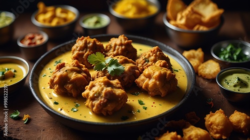 Free Photo Creamy kadhi pakora takes center stage in this delectable image. The golden yellow kadhi is rich and smooth new  photo