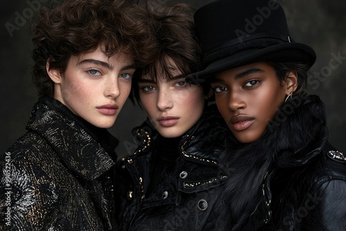 Three Women Wearing Black Fashion with a Dark Background photo