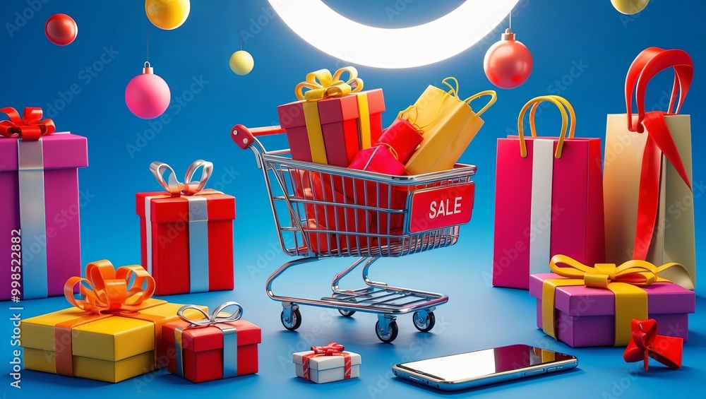 3D Render Shopping Cart with Bags on Blue Background Suitable for Promotion Product Marketing. Shopping Cart 3D render. 3D Render Shopping Cart with Bags on Blue Background Suitable for Promotion Product Marketing. Shopping Cart 3D render.