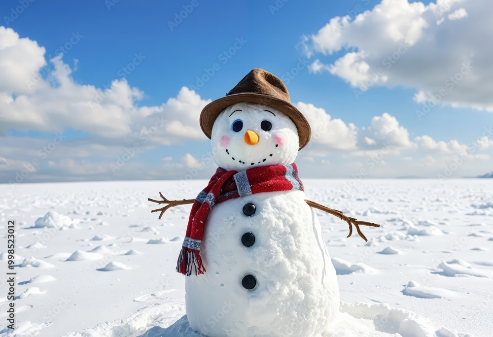 Obraz premium A snowman with a brown hat, red scarf, and orange beak stands in a snowy field, surrounded by a clear blue sky and distant mountains, creating a serene winter scene