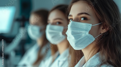 Group of Young Female Scientists Wearing White Coats and Medical Masks in a Laboratory Setting, Symbolizing Innovation and Hope in Scientific Research