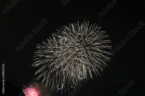Large firework bursting in night sky with celebration and festival mood
