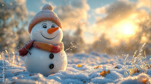 A cheerful snowman waving joyfully. photo