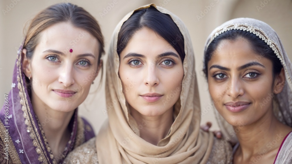 Three smiling women with headscarves standing together. Three smiling women with headscarves standing together.