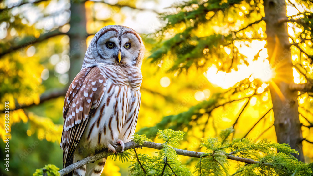 Owl with Brown and White Plumage Perched on Tree Branch, Sunlight Shining Through Green Foliage Owl with Brown and White Plumage Perched on Tree Branch, Sunlight Shining Through Green Foliage