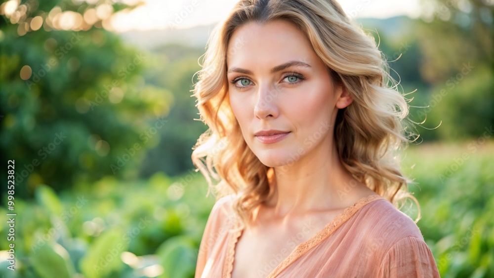 Young Woman with Long Light Wavy Hair and Blue Eyes in Peach Clothing, Outdoors in Nature
