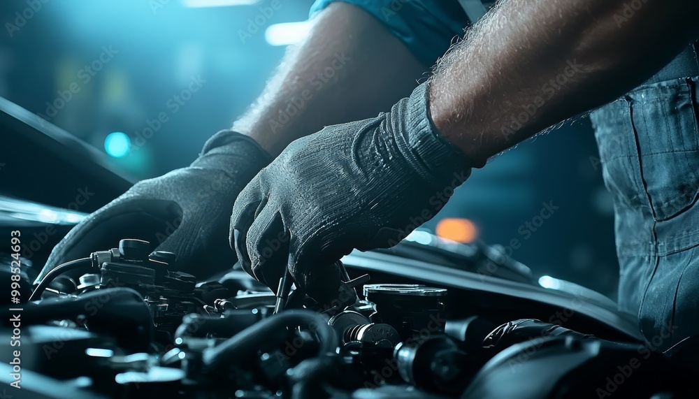 A close-up of a mechanics hands working on a car engine, with tools and engine parts visible in a well-lit garage. A close-up of a mechanics hands working on a car engine, with tools and engine parts visible in a well-lit garage.