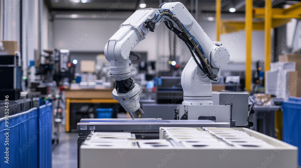 Robotic arms automating tasks in a high-tech manufacturing facility Robotic arms automating tasks in a high-tech manufacturing facility