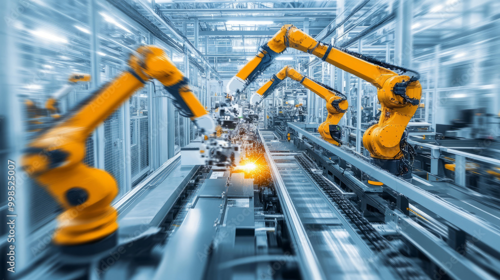 Robotic arms automating tasks in a high-tech manufacturing facility Robotic arms automating tasks in a high-tech manufacturing facility