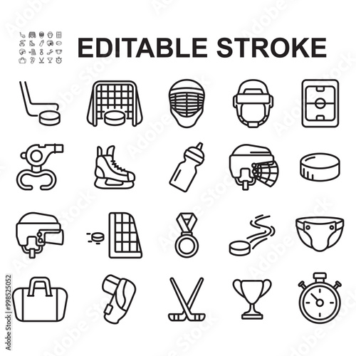 Collection of hockey icons. Contains icons such as hockey stick, helmet, knee guard. Thin line vector.