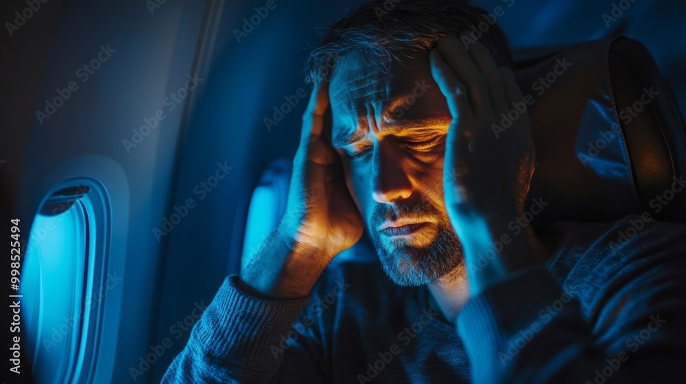 Obraz premium A man is sitting in an airplane with his head in his hands