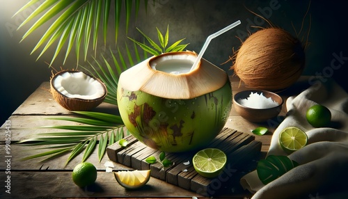 Fresh Buko Juice in Coconut with Straw (Filipino Cuisine) photo