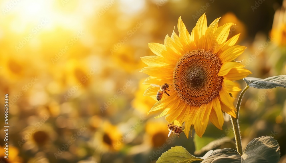 Fototapeta premium Sunflower Field with Bees in Bright Sunlight