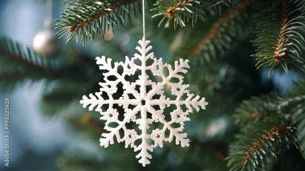 Delicate white snowflake ornament is hanging from a green christmas tree branch, evoking a sense of winter holidays celebration Delicate white snowflake ornament is hanging from a green christmas tree branch, evoking a sense of winter holidays celebration