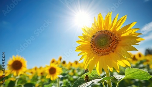 Sunflower Field with Bees in Bright Sunlight