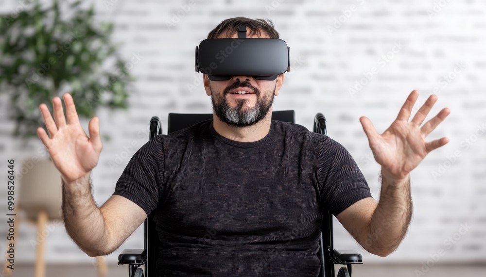 A man in a wheelchair immersed in a virtual meeting via VR, his hands outstretched as he interacts with virtual elements during the call. A man in a wheelchair immersed in a virtual meeting via VR, his hands outstretched as he interacts with virtual elements during the call.