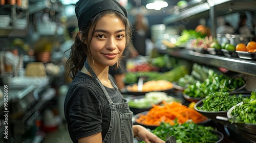 Young Chef Preparing Fresh Vegetables in Market