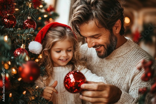 Portrait of a father and daughter in a Santa Claus hat decorating a Christmas tree. Christmas concept. Happy family decorating Christmas tree photo